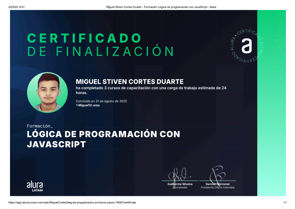Certificado del curso de logica de programcion con JS